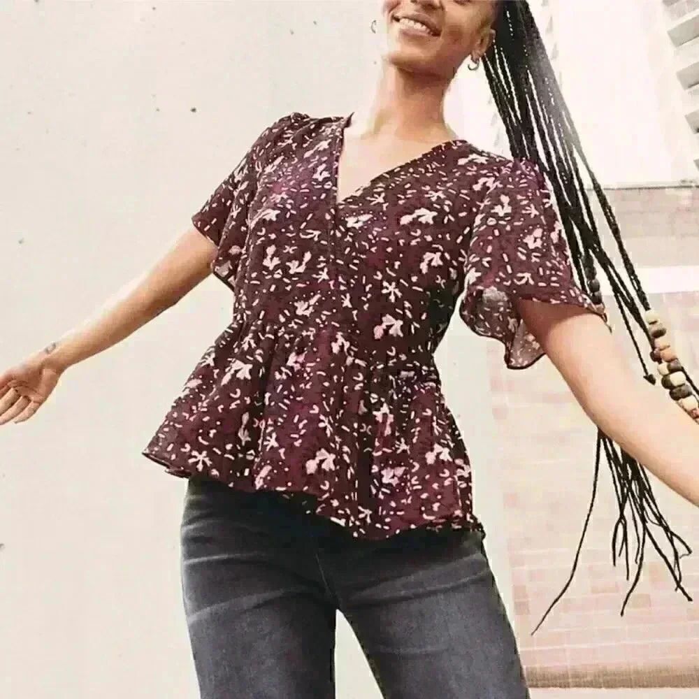 Madewell Georgette Peplum Blouse Flutter Sleeve Womens XXS Floral